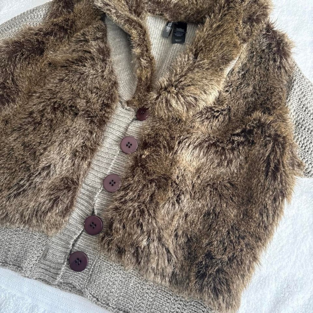 Brown faux fur vest with button-up front knit sweater